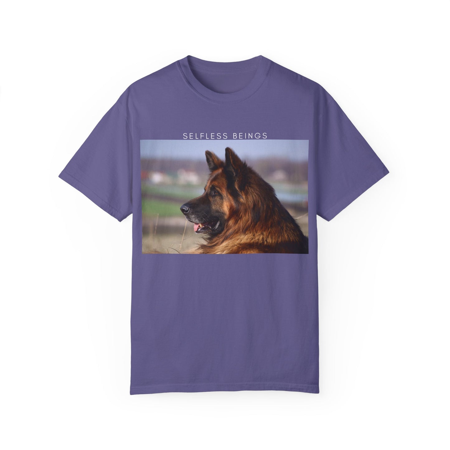 Unisex Dog Lover T-Shirt With Giant Long Coat German Shepherd Looking Straight and Caption Selfless Beings