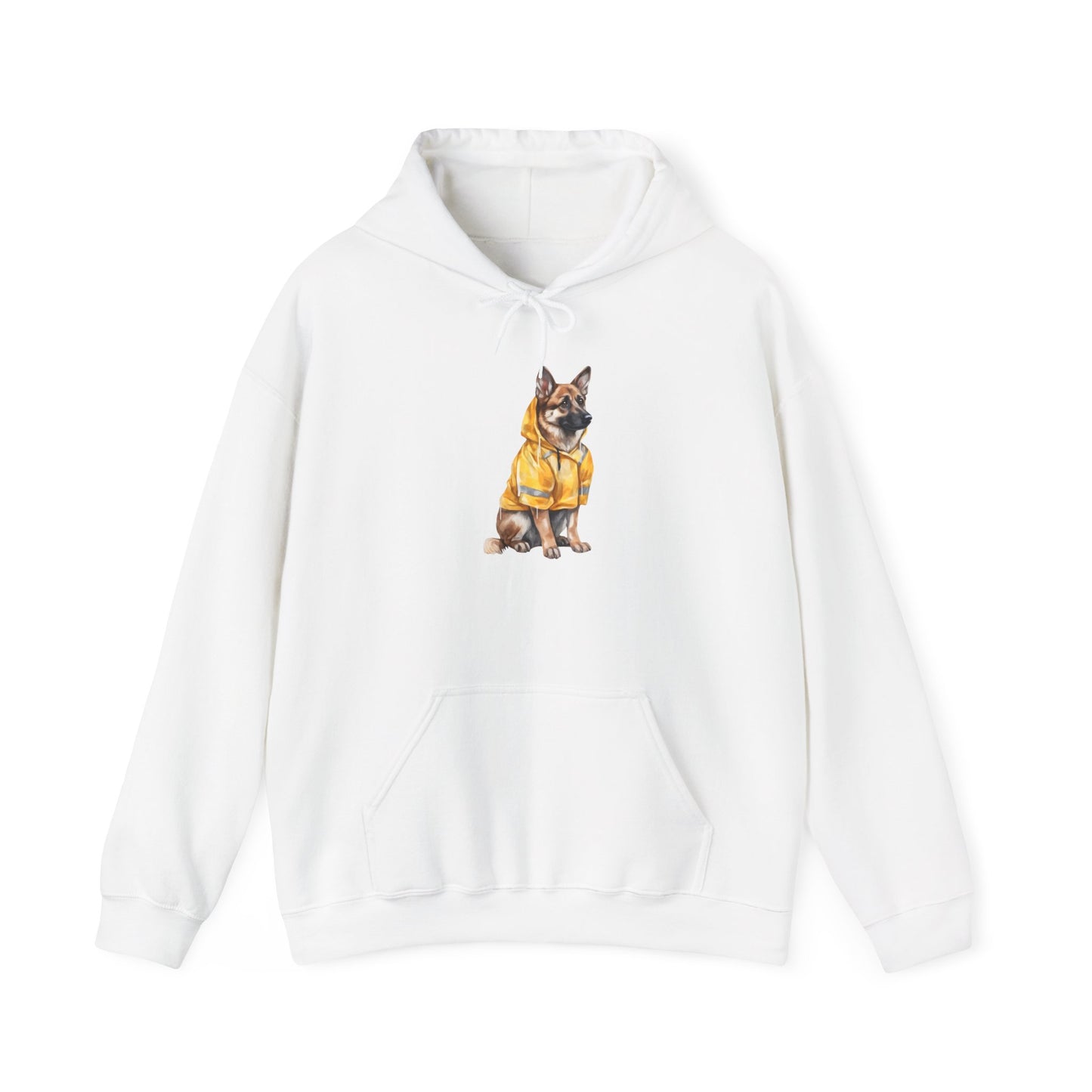 Unisex Dog Lover Hoodie With a Graphic of German Shepherd Wearing a Yellow Rain Coat
