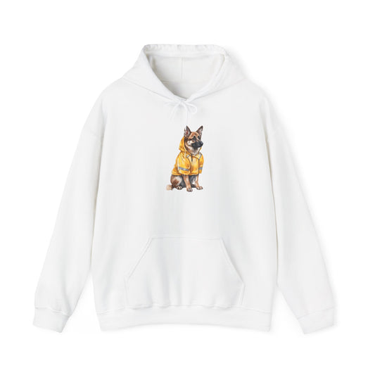 Unisex Dog Lover Hoodie With a Graphic of German Shepherd Wearing a Yellow Rain Coat