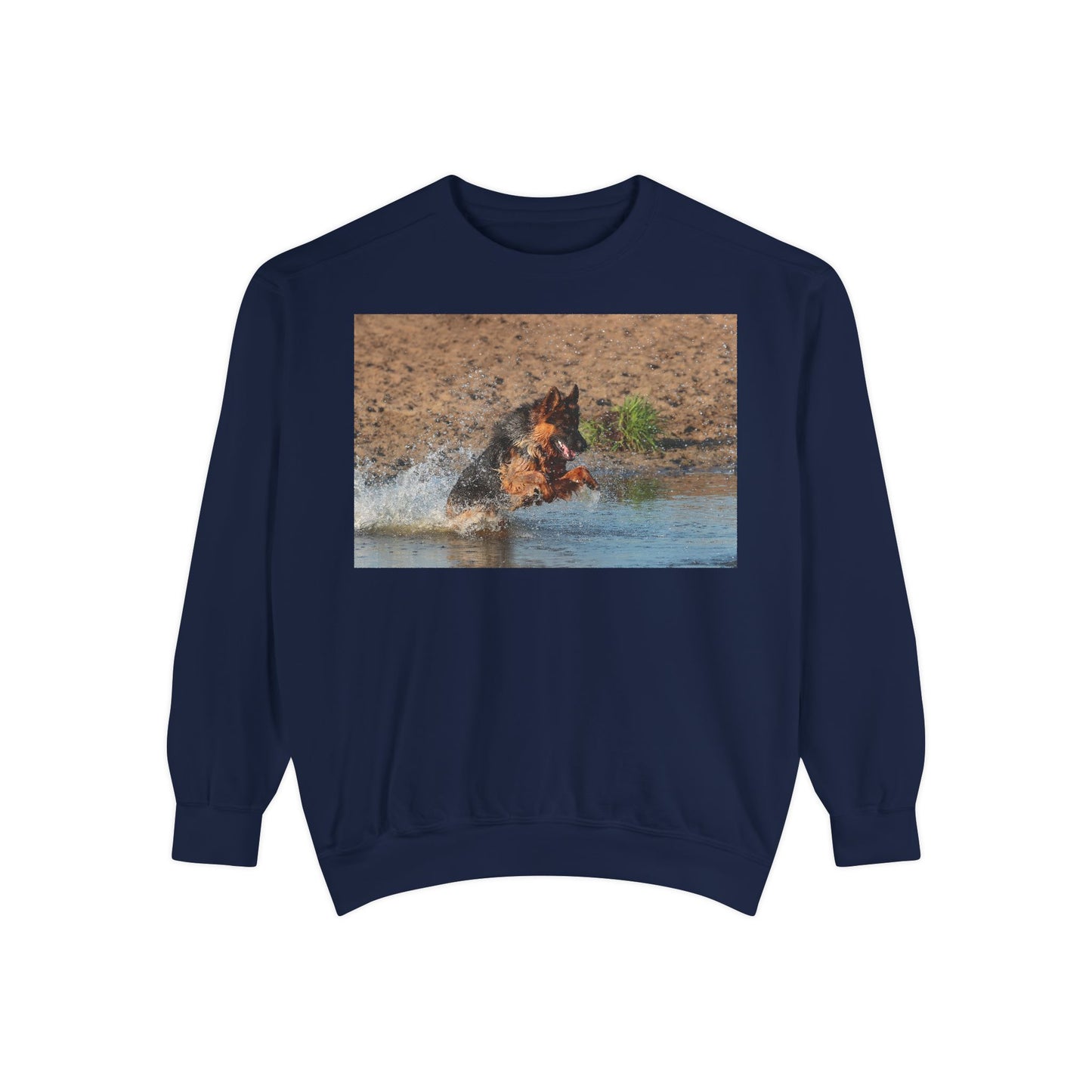 Unisex Dog Lover Sweatshirt With a Long Coat German Shepherd Jumps in the River