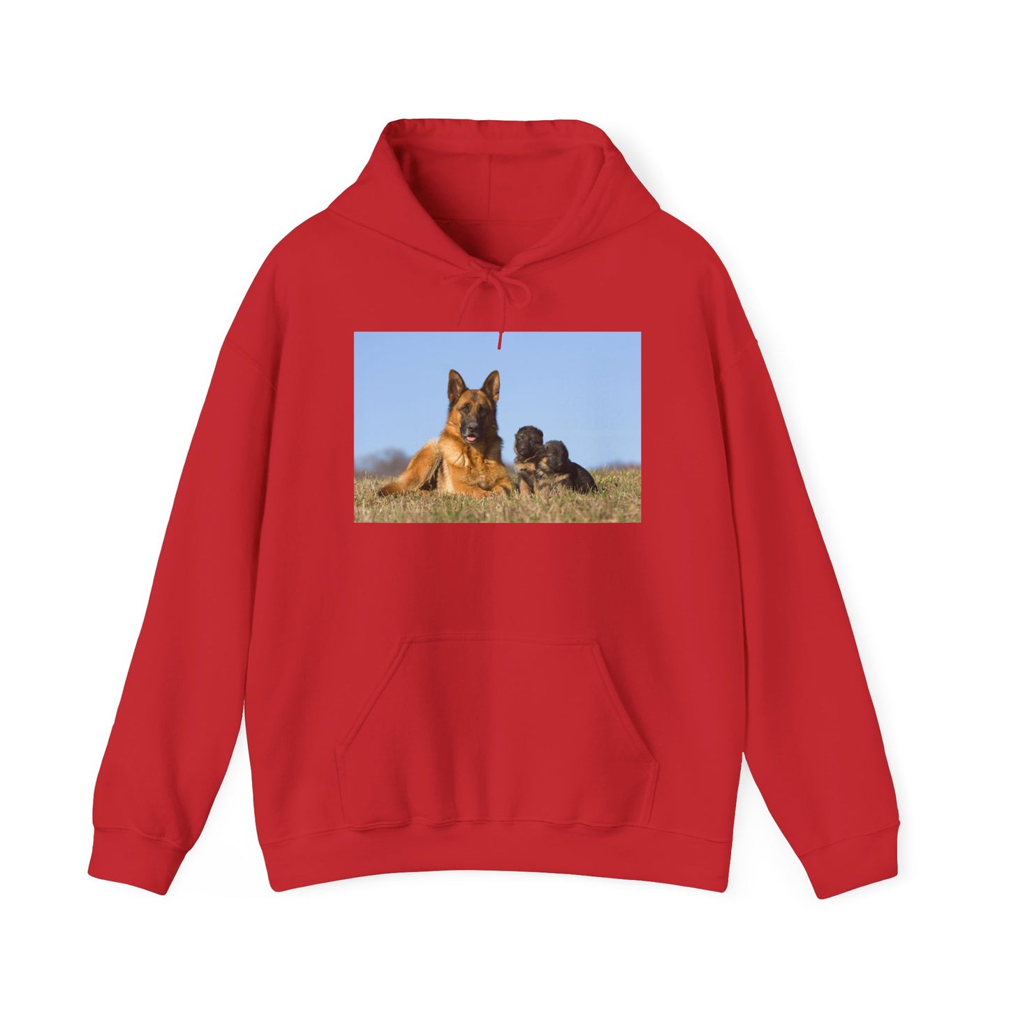 A Unisex Dog Lover Hoodie With a German Shepherd Lying on the Grass With Two Puppies