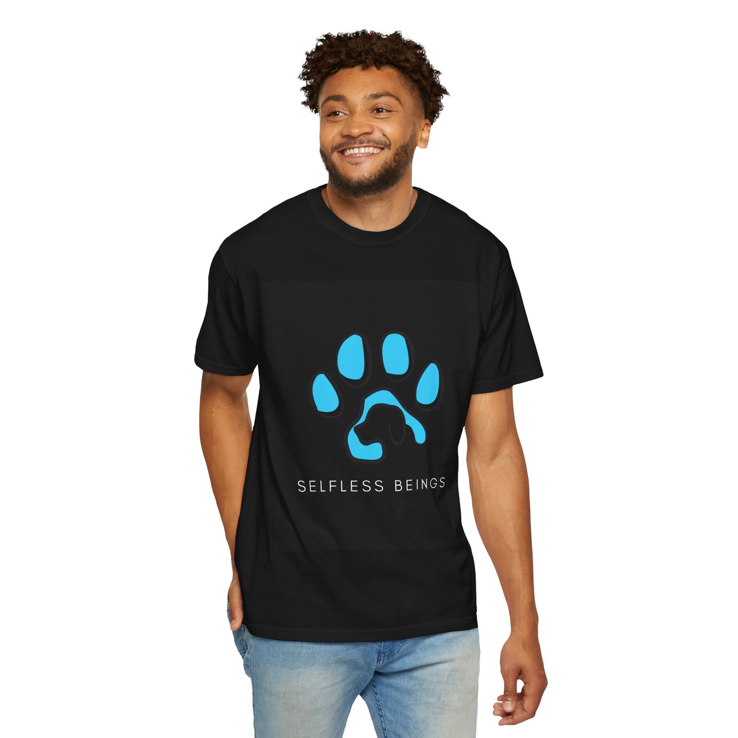 Unisex Dog Lover T-Shirt With Graphic of Blue Colored Dog Paw's Print Whose Metacarpal Contains a Design of Black Dog and Caption Selfless Beings Below