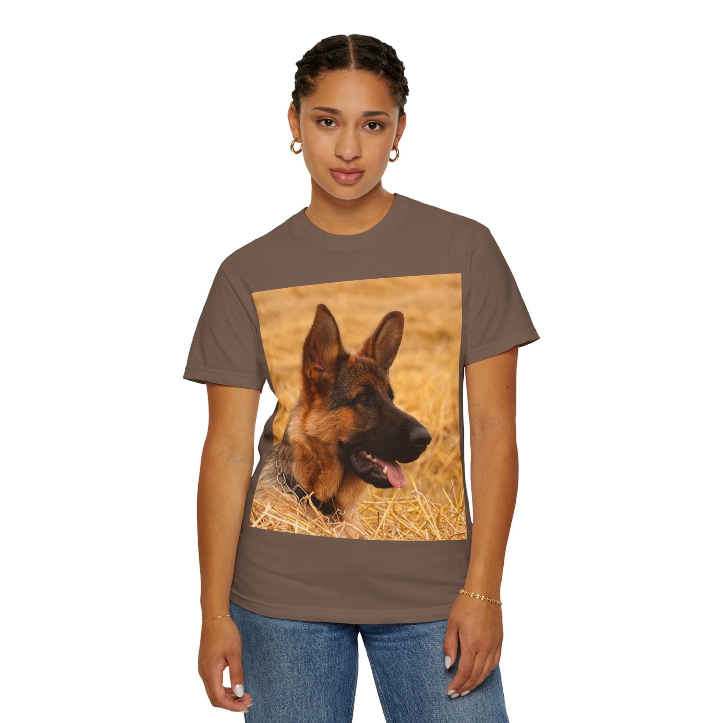 Unisex Dog Lovers T-Shirt Featuring German Shepherd Resting on the Dry Grass