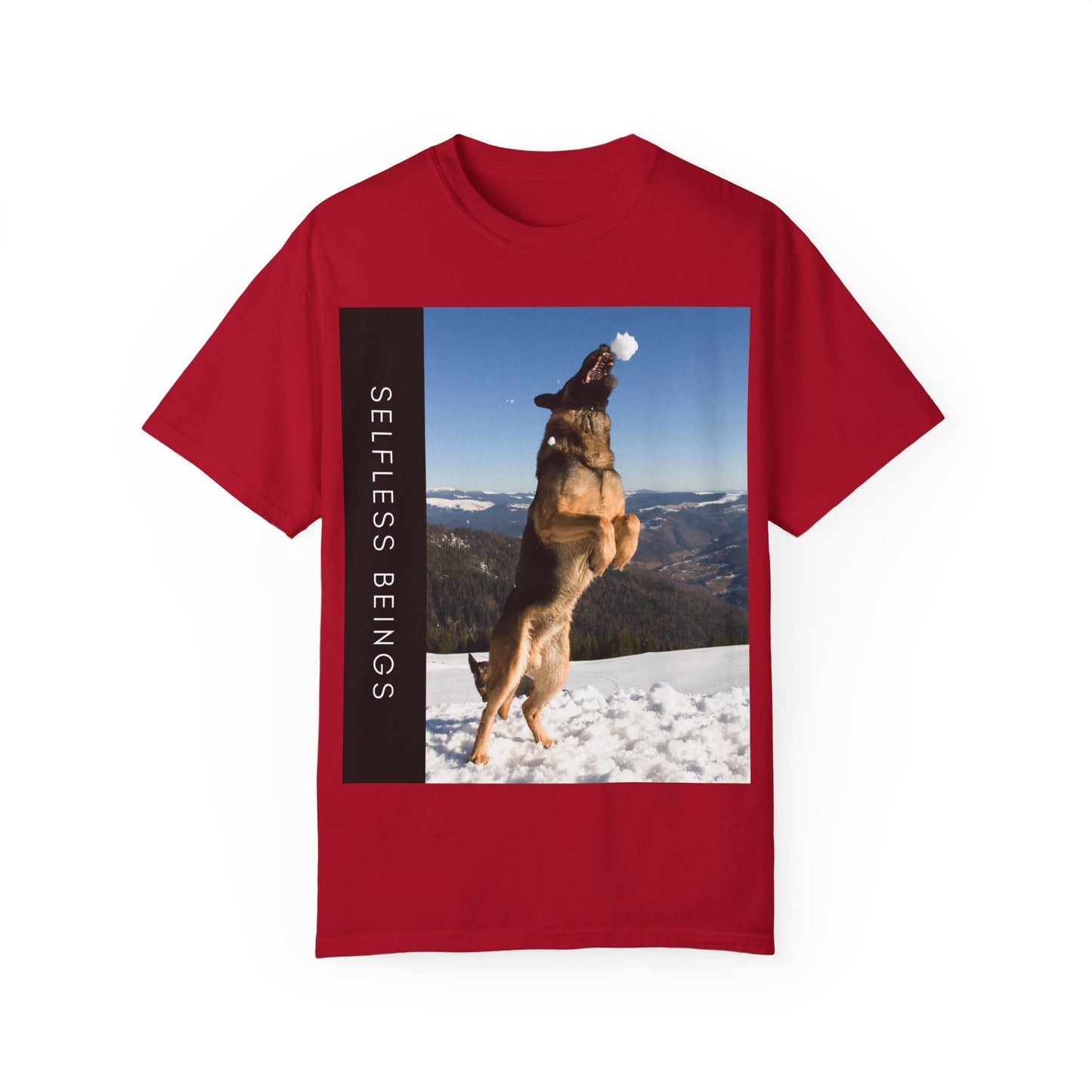 Unisex Dog Lover T-Shirt With a German Shepherd Jumps Upward to Catch a Small Snowball With Mouth and Caption Selfless Beings