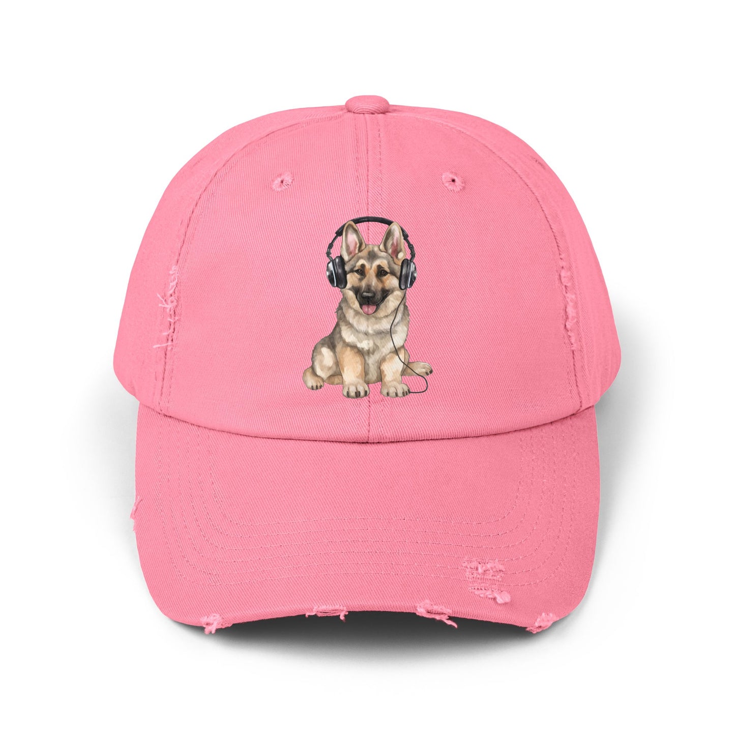 Distressed Dog Cap with German Shepherd Wearing Headphones | Pet Lover Gift | Adjustable Cap