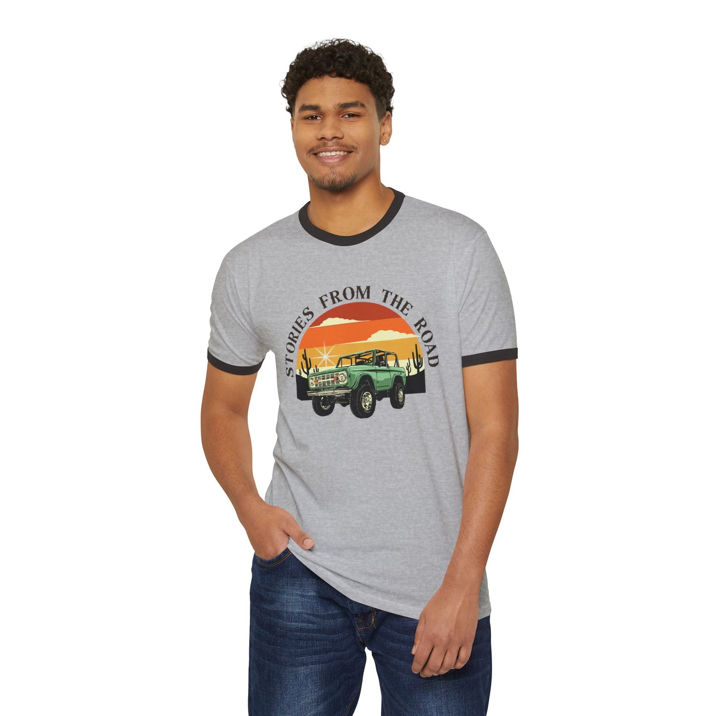 Vintage Stories from the Road Unisex Cotton Ringer T-Shirt, Retro Adventure Tee, Travel Lovers Gift, Road Trip Apparel, Casual