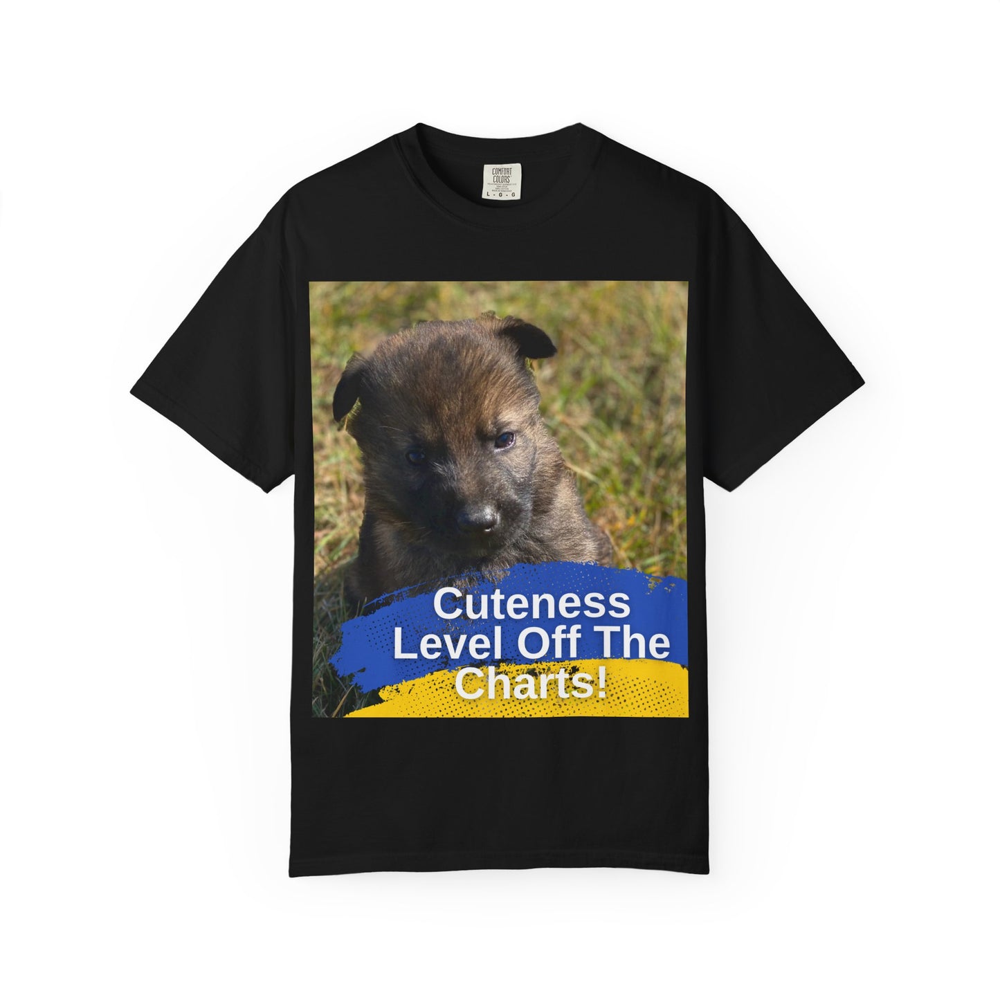 Unisex Dog Lover T-Shirt Featuring a German Shepherd Puppy and Caption Cuteness Level Off The Charts