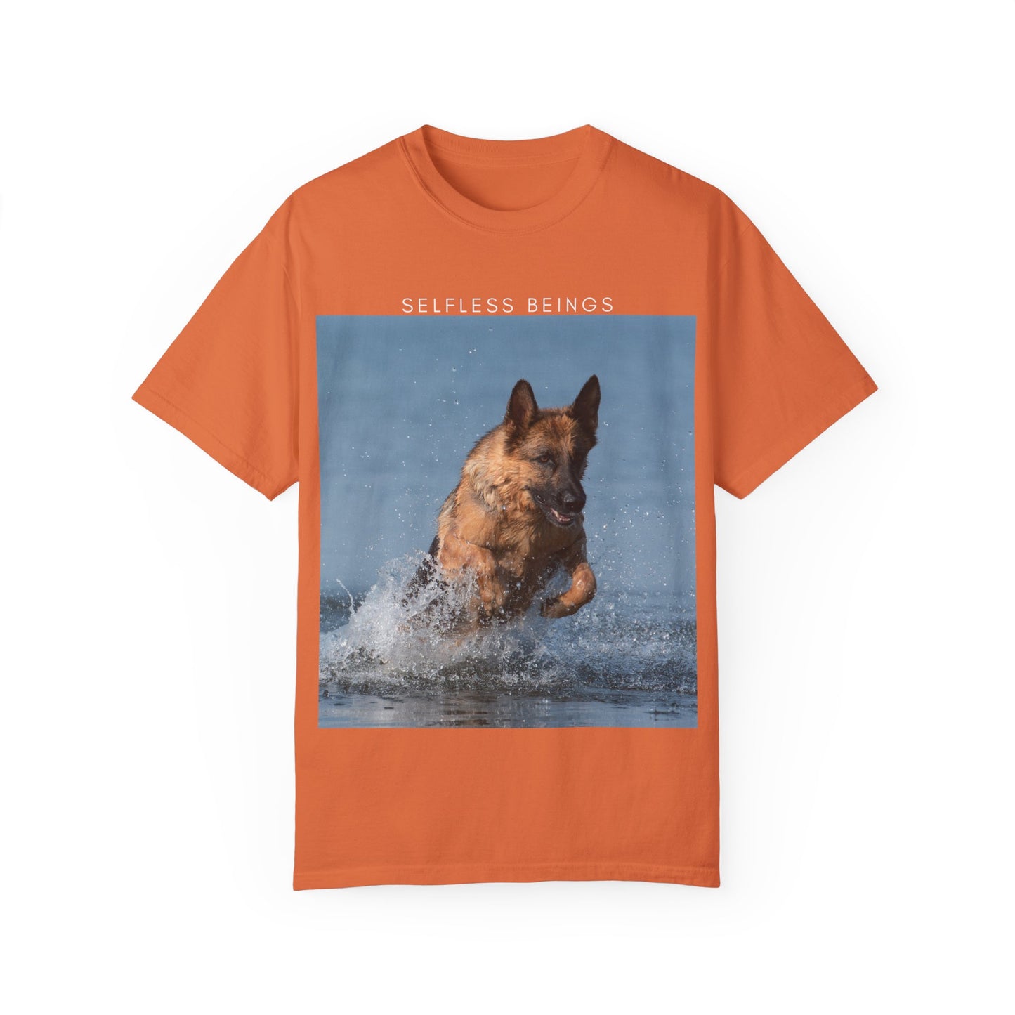 Unisex Dog Lover T-Shirt With Showline German Shepherd Swimming in the Sea and Caption Selfless Beings on Top