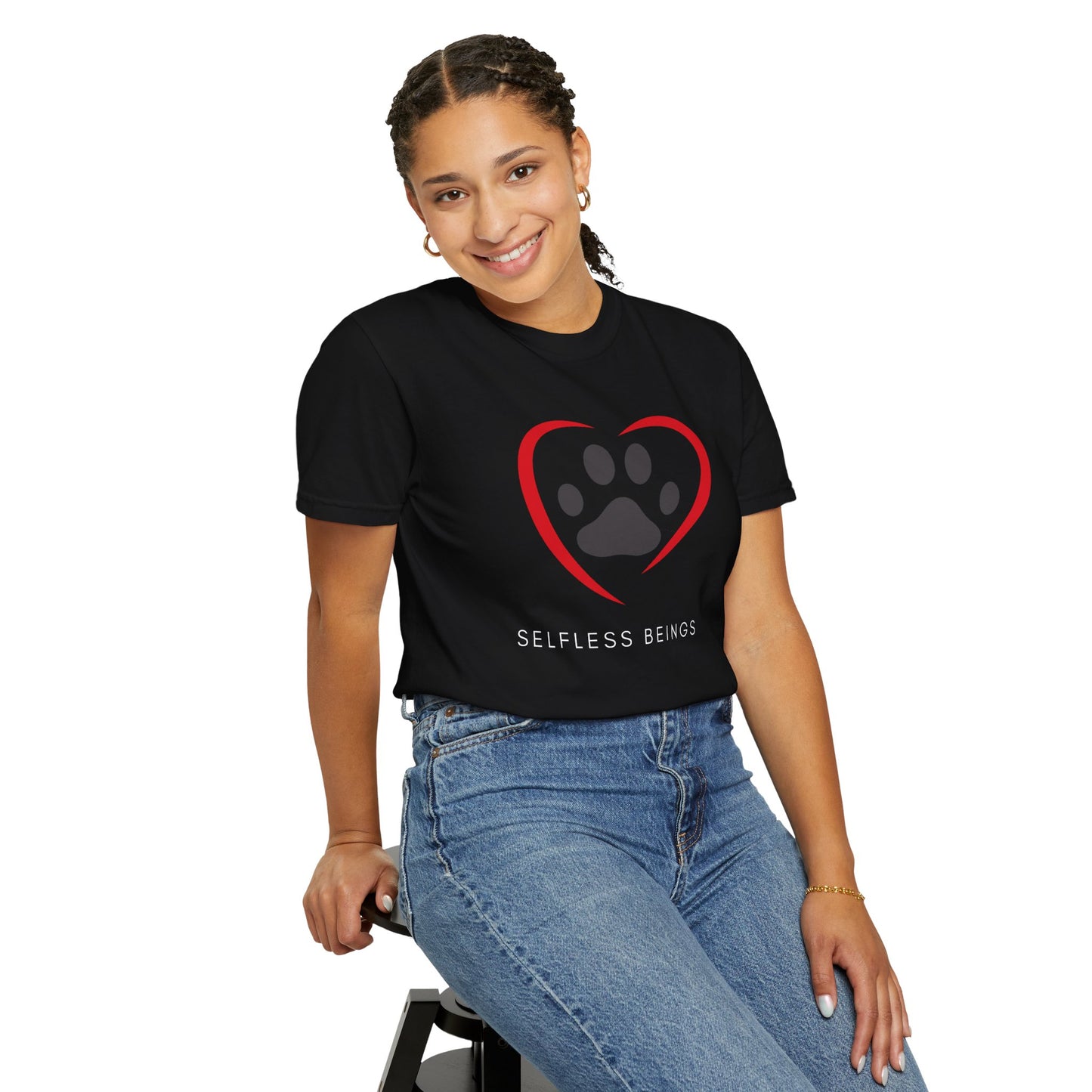 Unisex Dog Lover T-Shirt With Graphic of Curvy Heart Boundaries Contain Dog Paw Print and Caption Selfless Beings Below