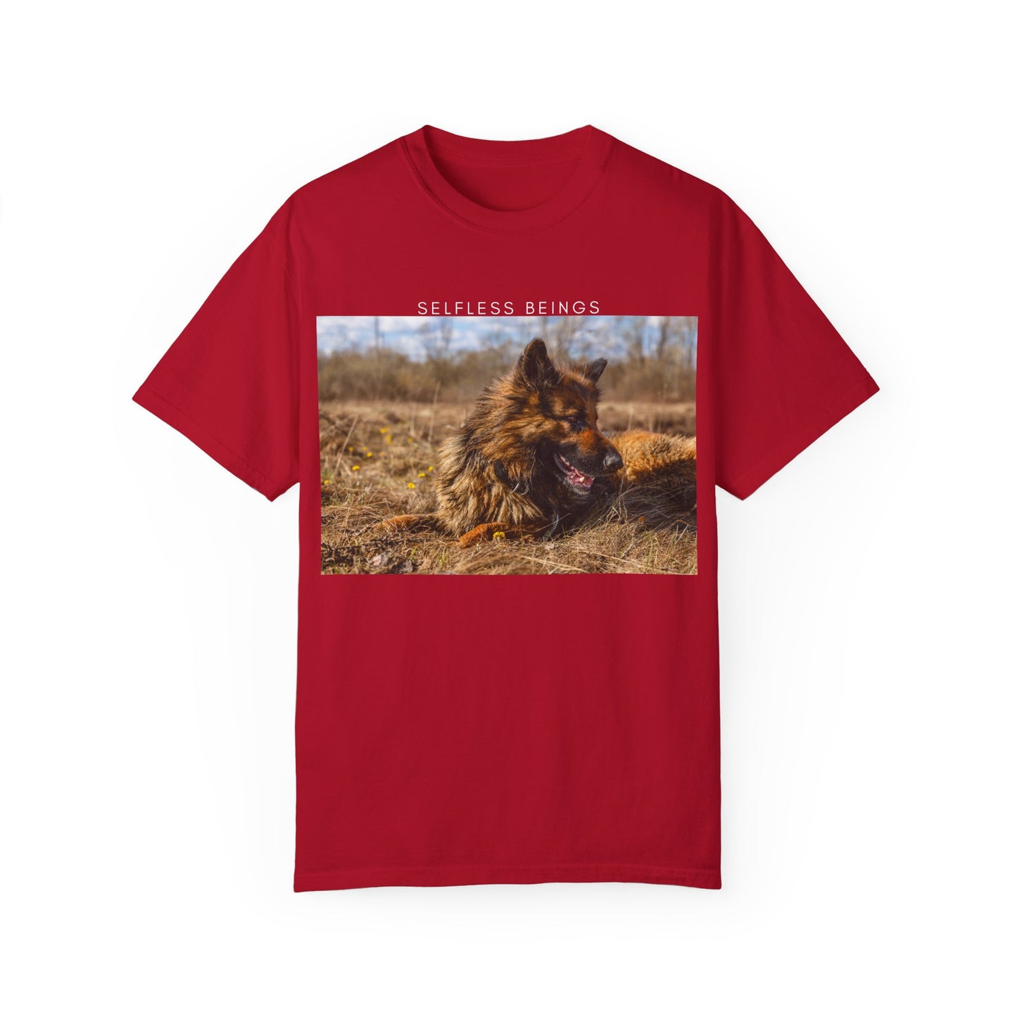Unisex Dog Lover T-Shirt With a German Shepherd Lying on the Dry Grass in Spring and Caption Selfless Beings
