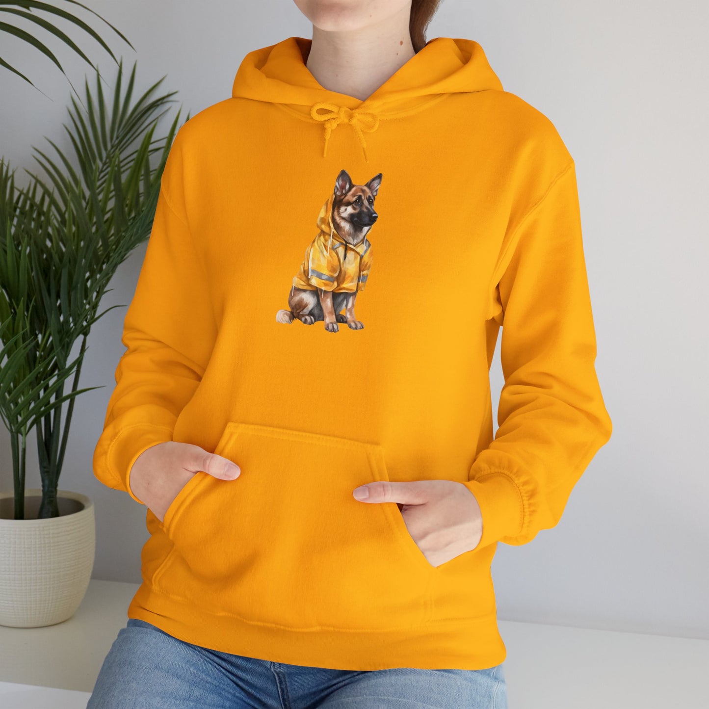 Unisex Dog Lover Hoodie With a Graphic of German Shepherd Wearing a Yellow Rain Coat