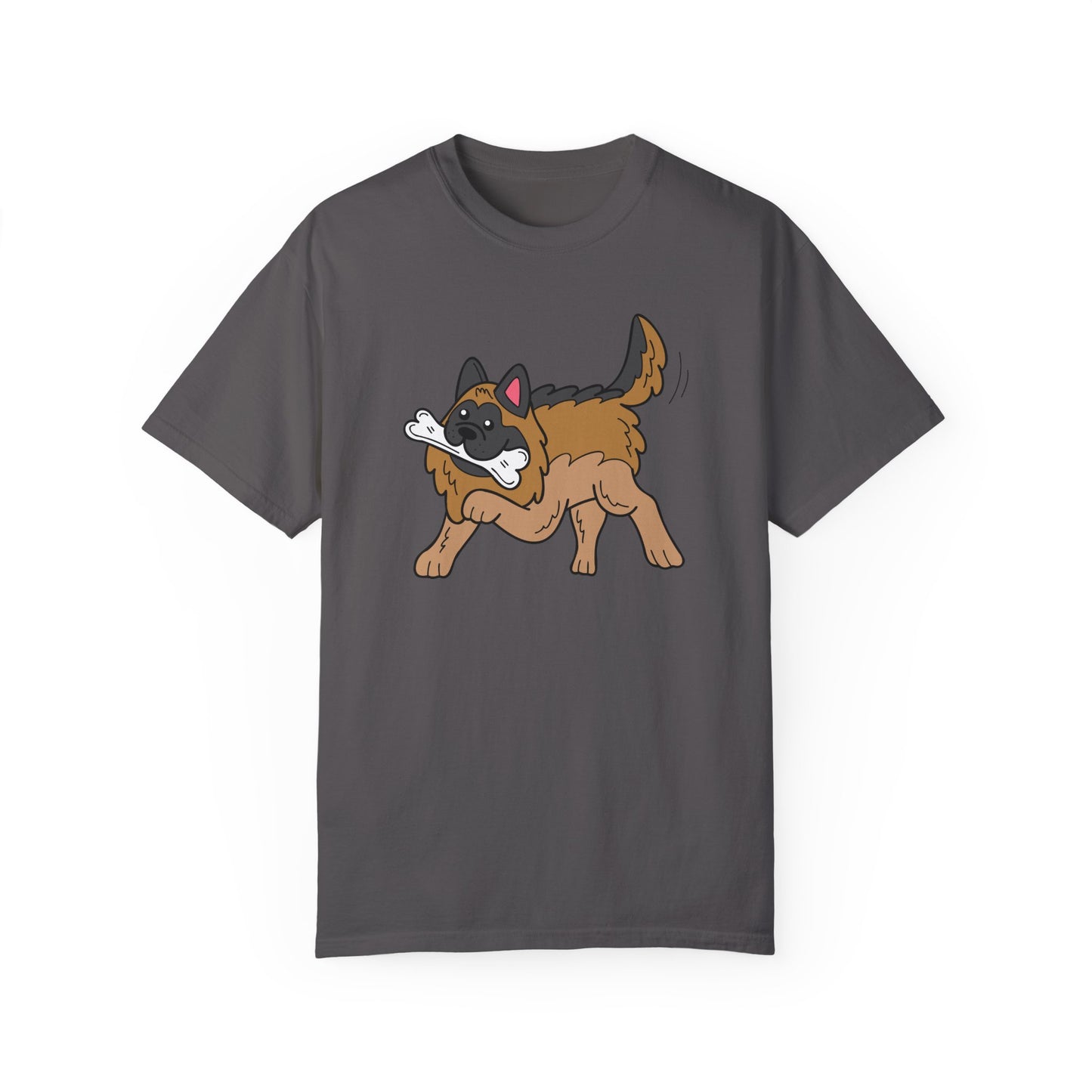 Unisex Dog Lover T-Shirt With a Graphic of a German Shepherd Holding a White Bone in Mouth