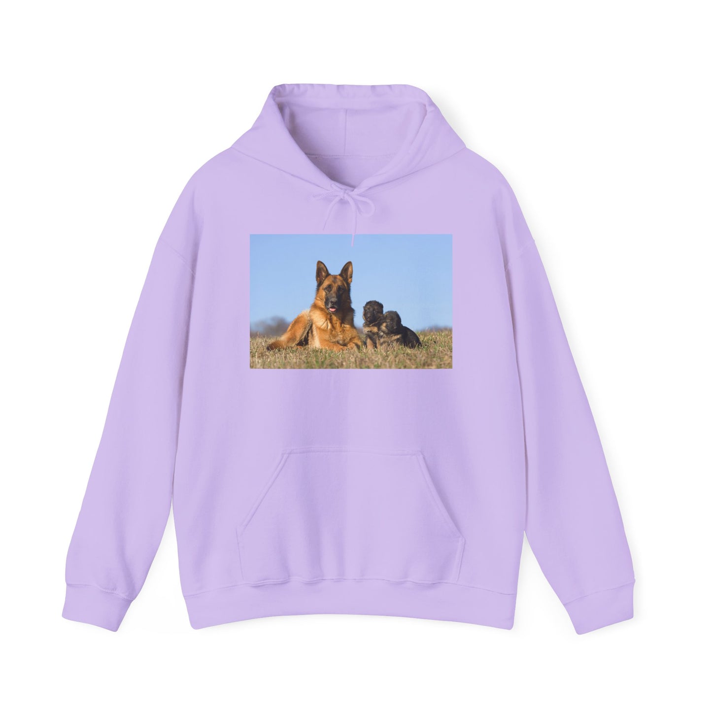 A Unisex Dog Lover Hoodie With a German Shepherd Lying on the Grass With Two Puppies