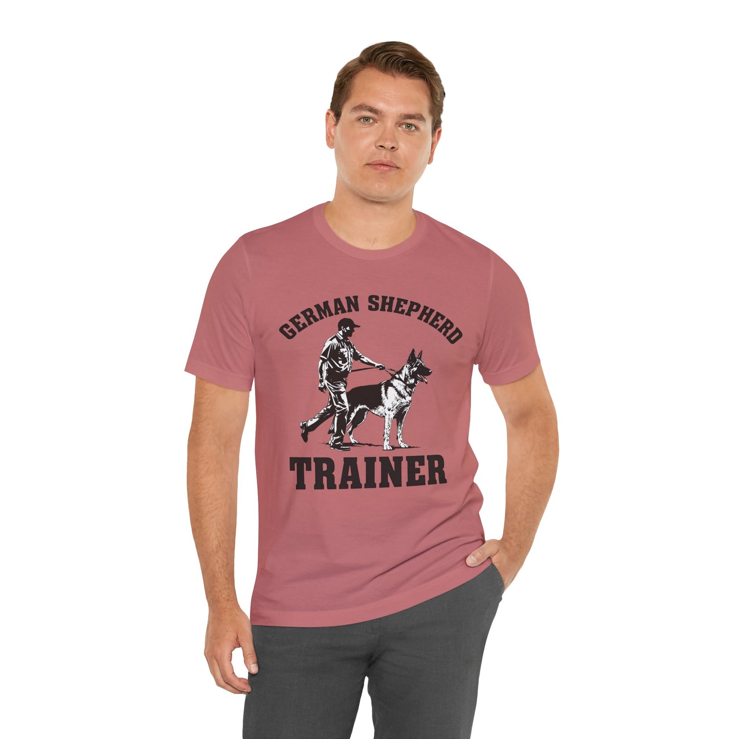 German Shepherd Trainer Tee - Black and White Design of Man Holding a German Shepherd