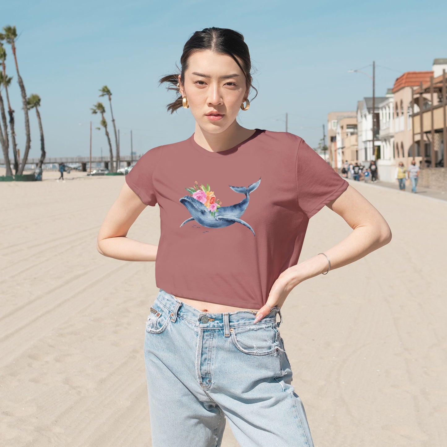 Whale Floral Cropped Tee - Ocean Lover's Shirt, Beachwear, Nature Gift, Casual Top, Summer Wardrobe