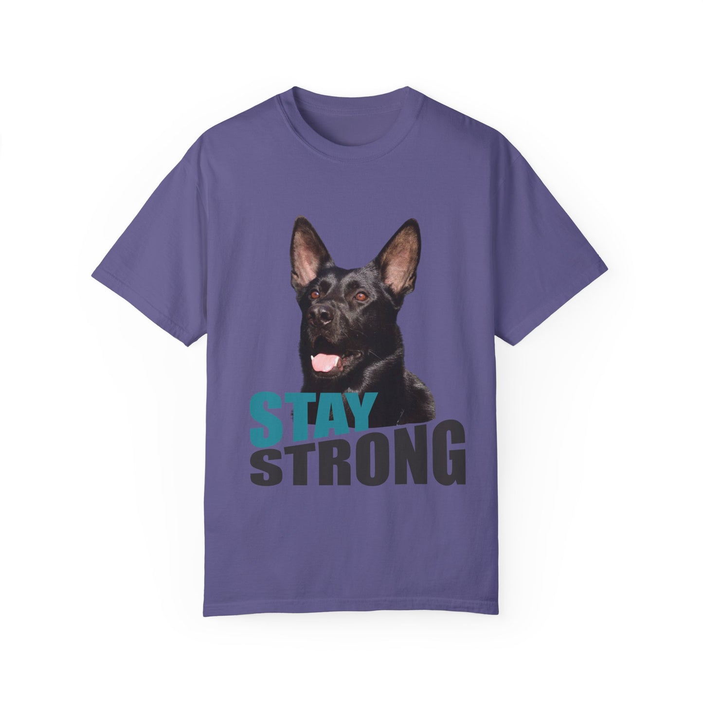 Unisex Dog Lover T-Shirt With Solid Black Working Line German Shepherd Mouth Opened and Caption Stay Strong