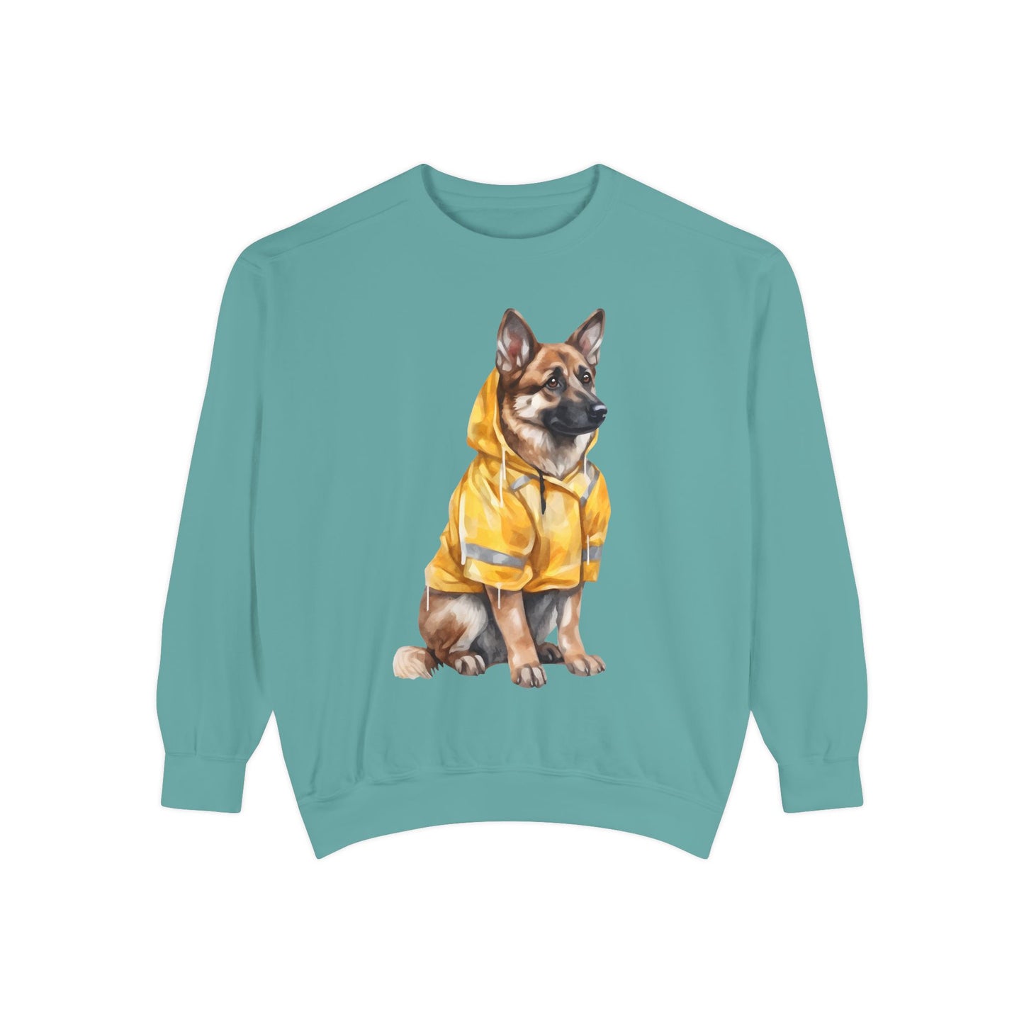 Unisex Dog Lover Sweatshirt With a Graphic of German Shepherd Wearing a Yellow Rain Coat