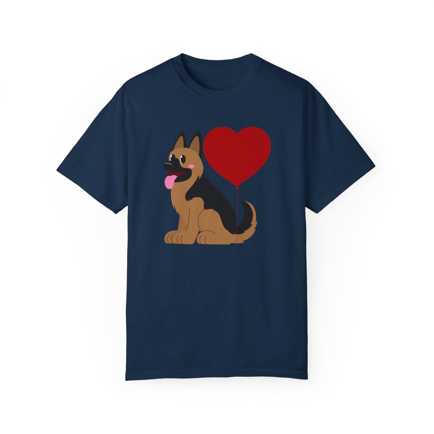 Unisex Dog Lover T-Shirt With a Graphic of German Shepherd Puppy and Heart Shaped Balloon Attached With Tail