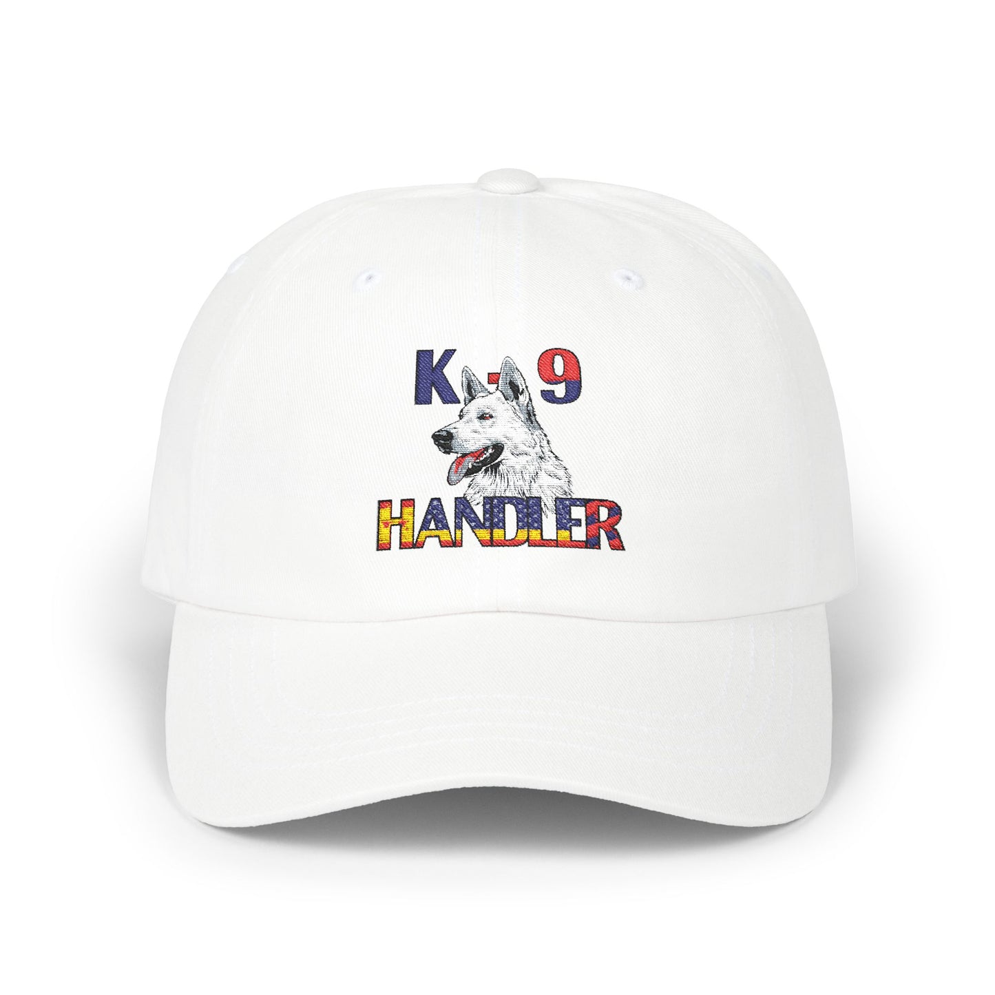 Embroidered Police Themed K9 Handler Classic Dad Cap Featuring a White German Shepherd