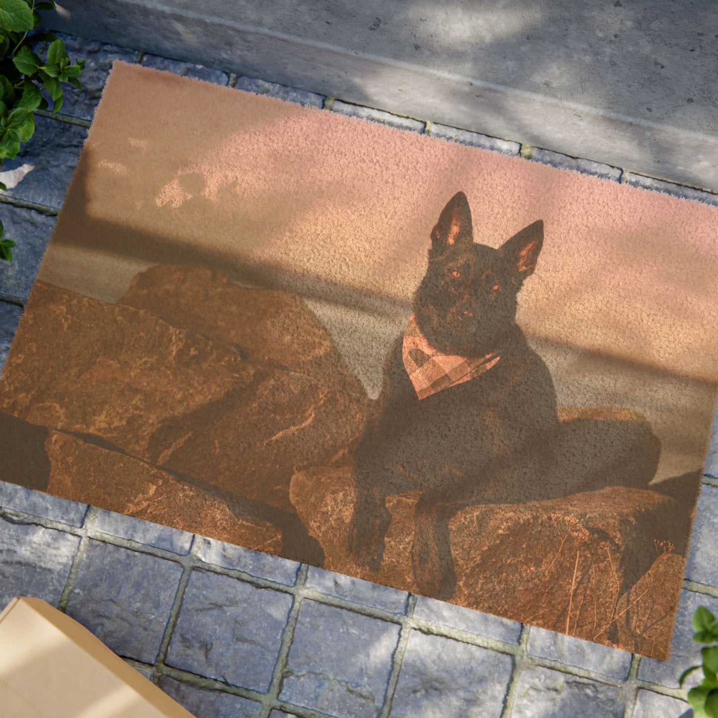 Personalized Dog Doormat Featuring Black German Shepherd Sitting on the Stones Near Seashore