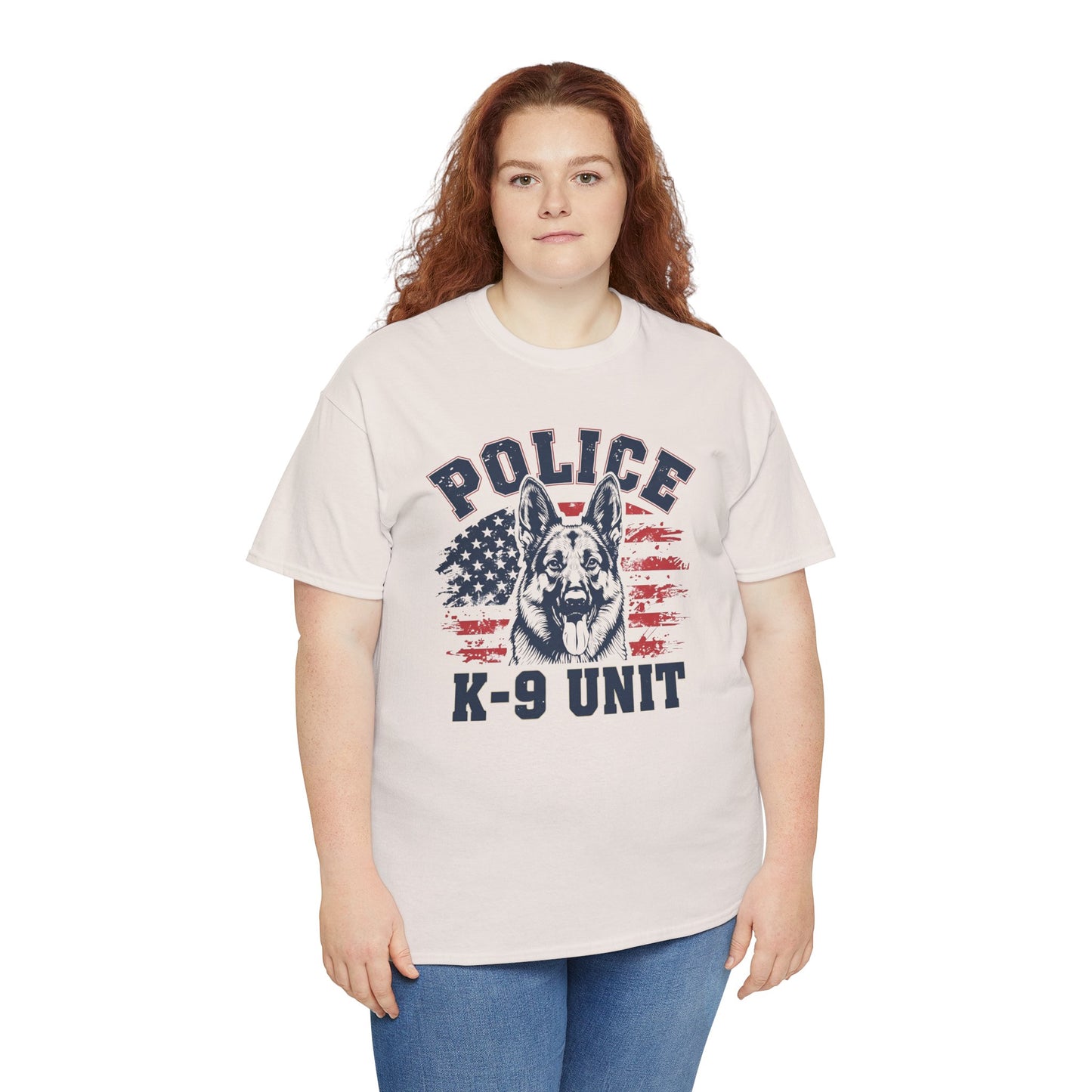 Patriotic Police K-9 Unit T-Shirt With American Flag in Background, Unisex Heavy Cotton Tee