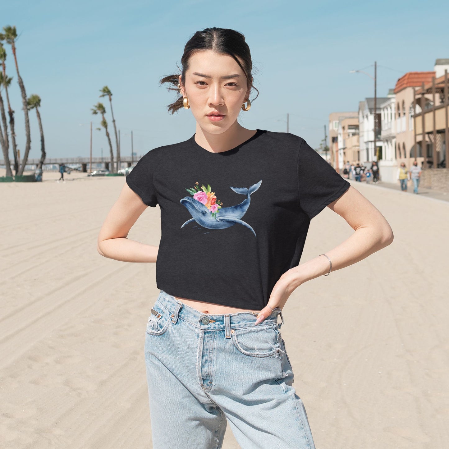 Whale Floral Cropped Tee - Ocean Lover's Shirt, Beachwear, Nature Gift, Casual Top, Summer Wardrobe