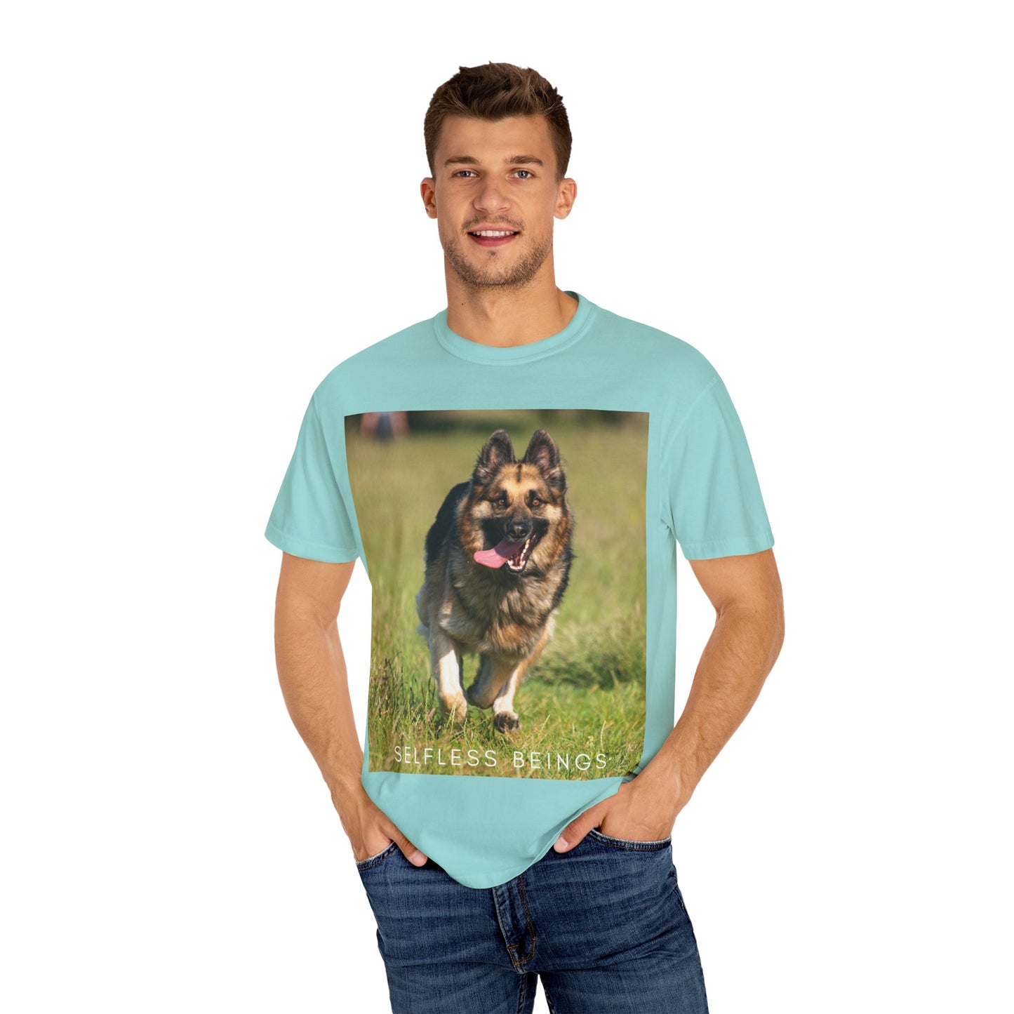 Unisex Dog Lover T-Shirt With Beautiful German Shepherd Running on the Field Leaving Tongue Out and Caption Selfless Beings