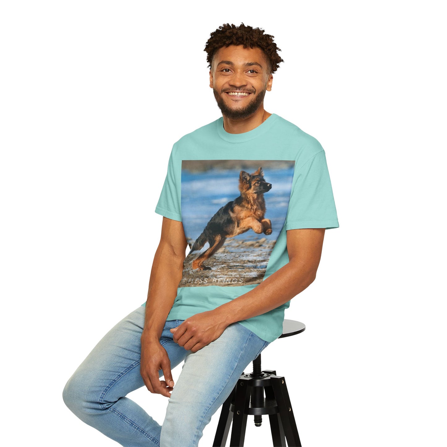 Unisex Dog Lover T-Shirt With Gorgeous German Shepherd Puppy Standing on Back Legs at Seashore and Caption Selfless Beings