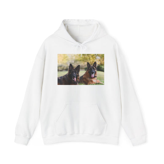 A Unisex Dog Lover Hoodie With Two German Shepherds Lying On The Ground Leaving Tongues Out