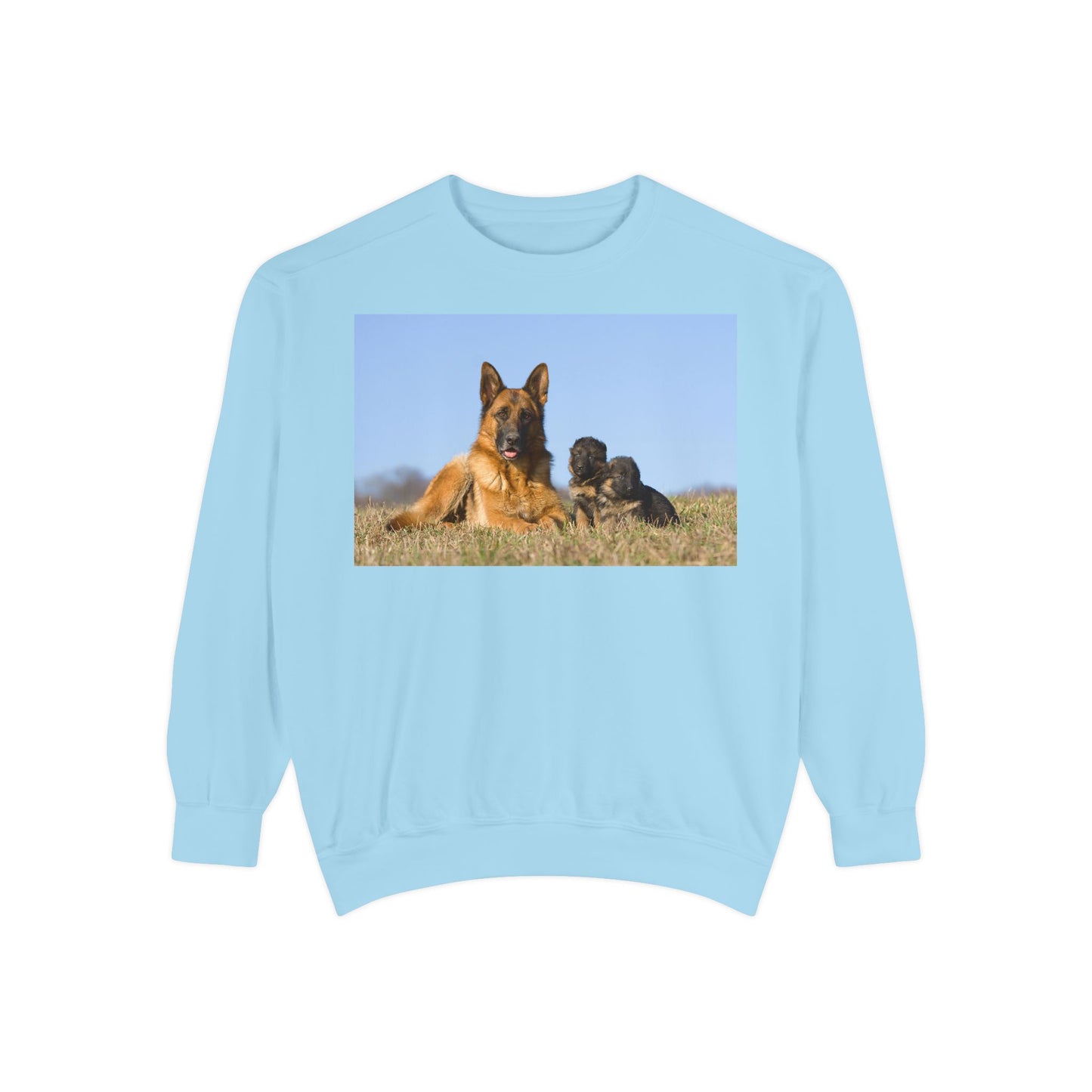 Unisex Dog Lover Sweatshirt With a German Shepherd Lying on the Grass With Two Puppies
