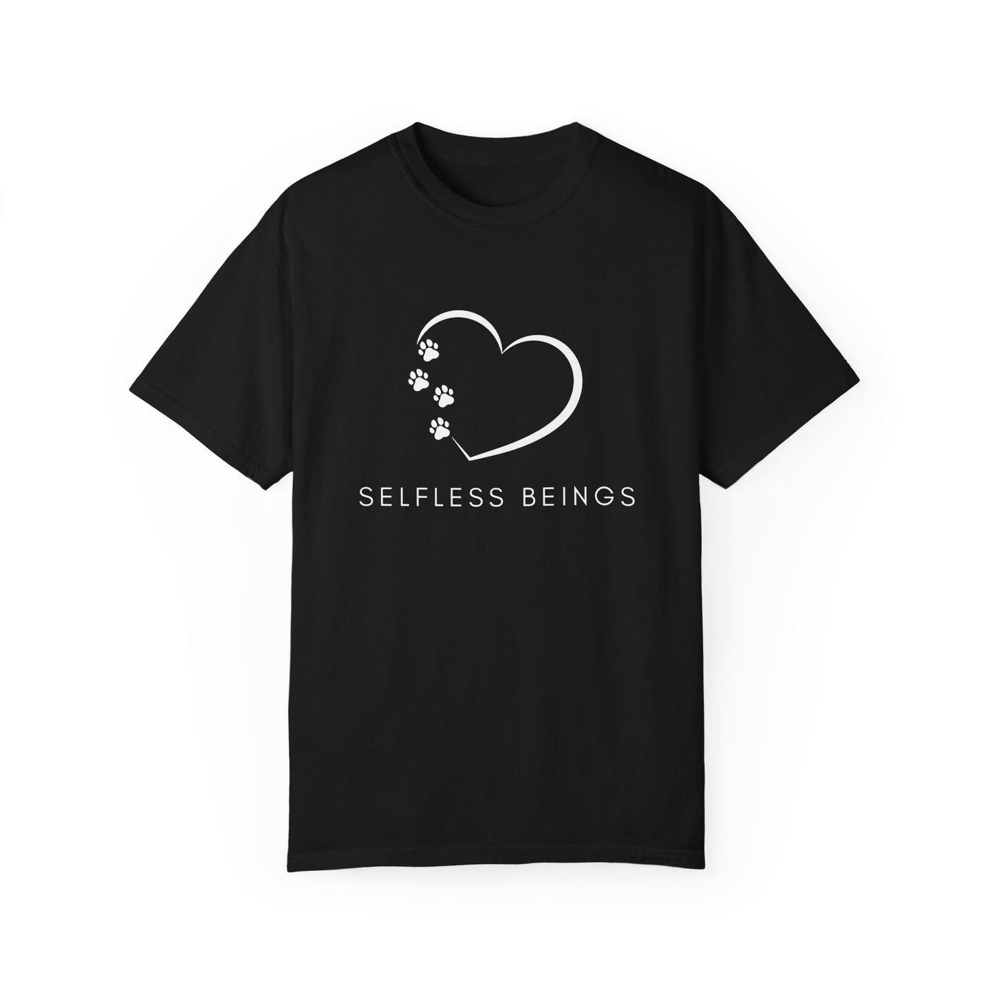 Unisex Dog Lover T-Shirt With White Tilted Heart Whose One Side is Made With Dog Paw Prints and Caption Selfless Beings
