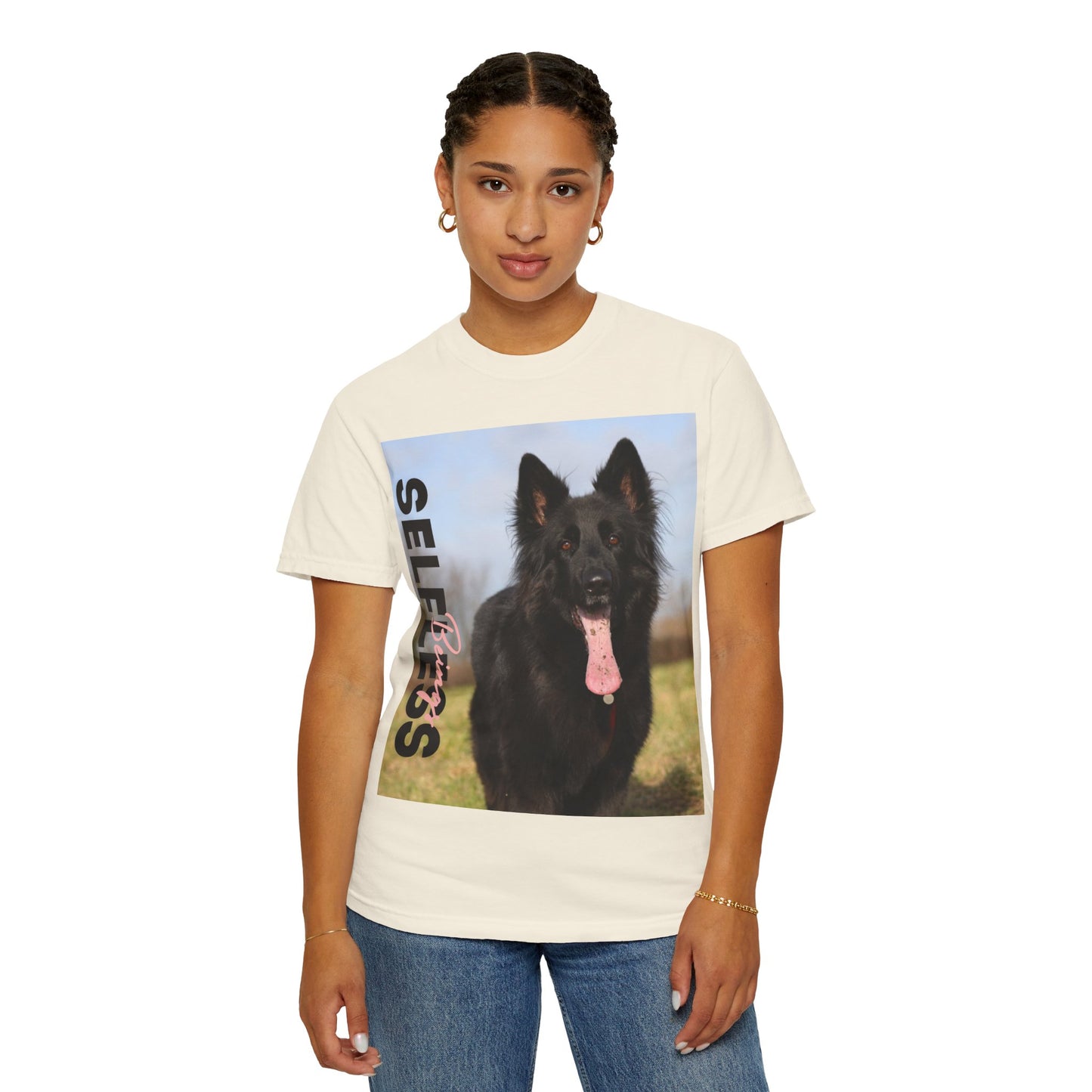 Unisex Dog Lover T-Shirt With Black German Shepherd in the Open Field Leaving Tongue Out and Caption Selfless Beings
