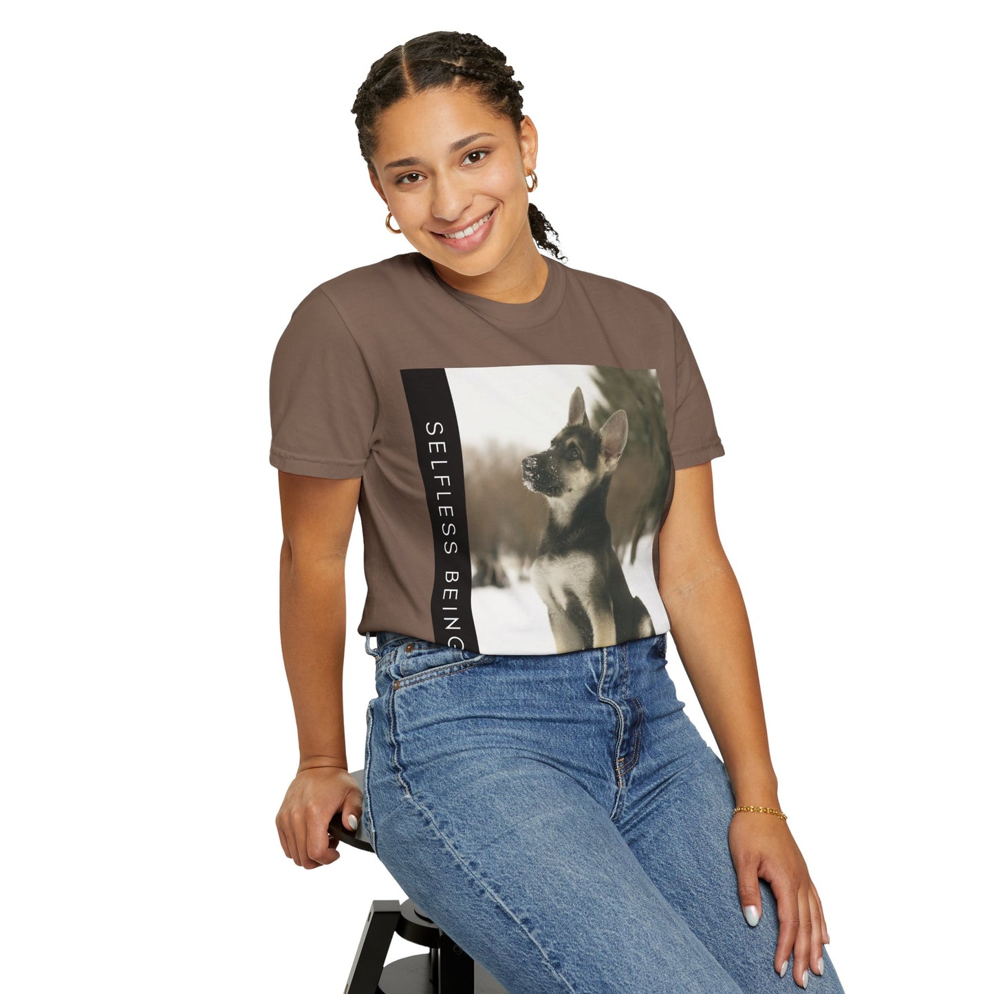 Unisex Dog Lover T-Shirt With a German Shepherd Puppy Sloppily Sitting on the Snow and Caption Selfless Beings