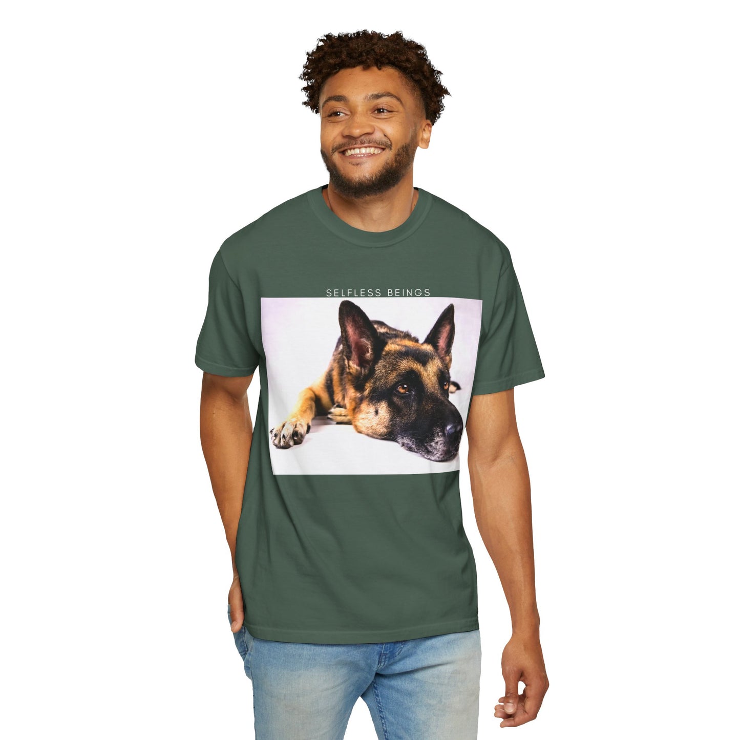 Unisex Dog Lover T-Shirt With Close Up of Bored German Shepherd Laying His Head On the Floor and Caption Selfless Beings