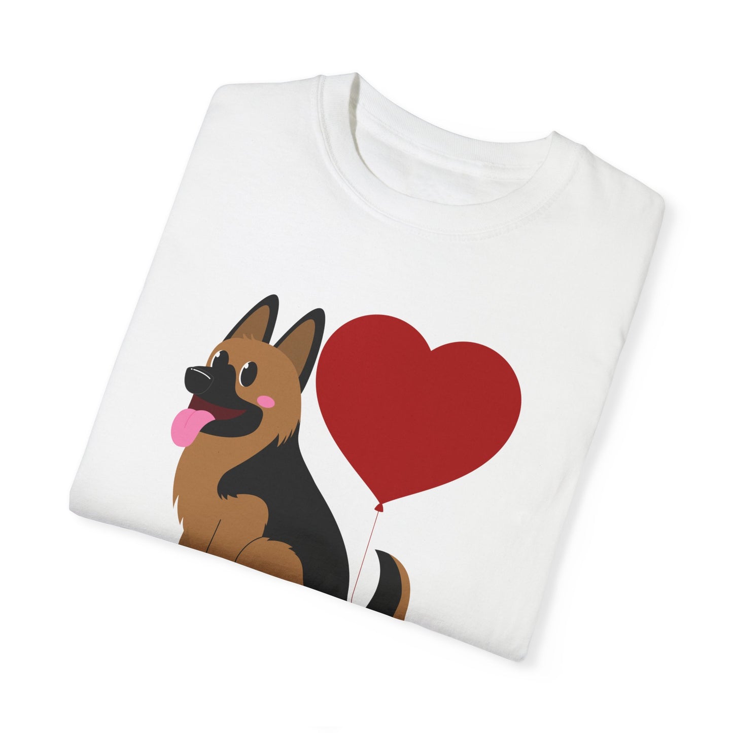 Unisex Dog Lover T-Shirt With a Graphic of German Shepherd Puppy and Heart Shaped Balloon Attached With Tail