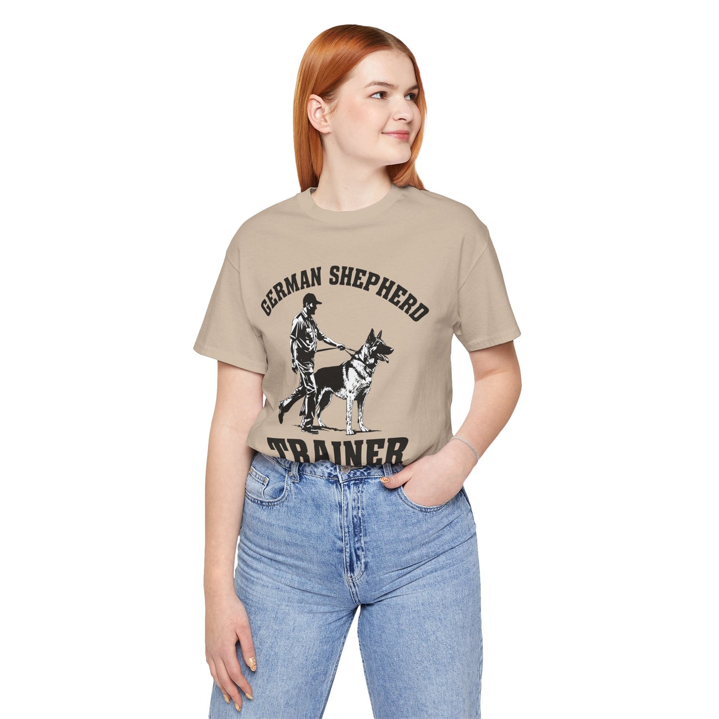 German Shepherd Trainer Tee - Black and White Design of Man Holding a German Shepherd