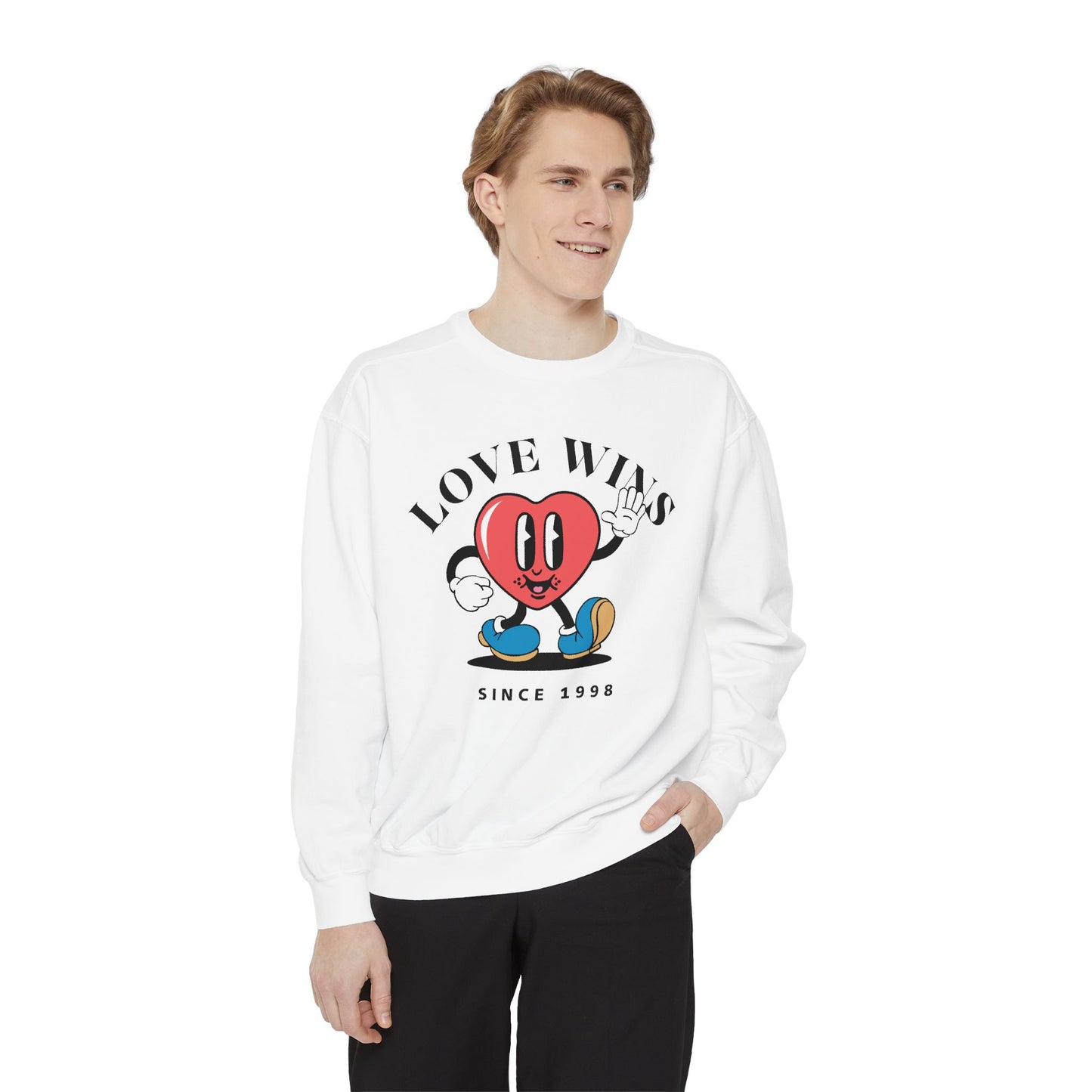 Unisex Valentine's Day Vintage Sweatshirt With a Heart Character and Caption Love Wins
