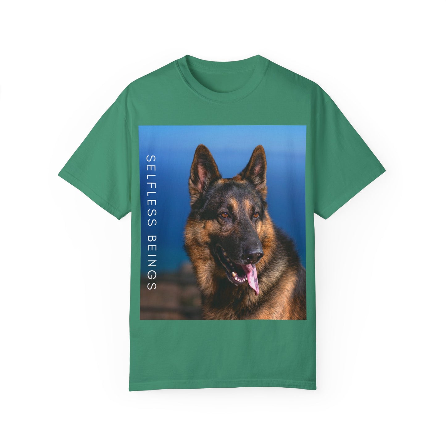 Unisex Dog Lover T-Shirt With Close Up of German Shepherd, Blue Sea in the Background and Caption Selfless Beings
