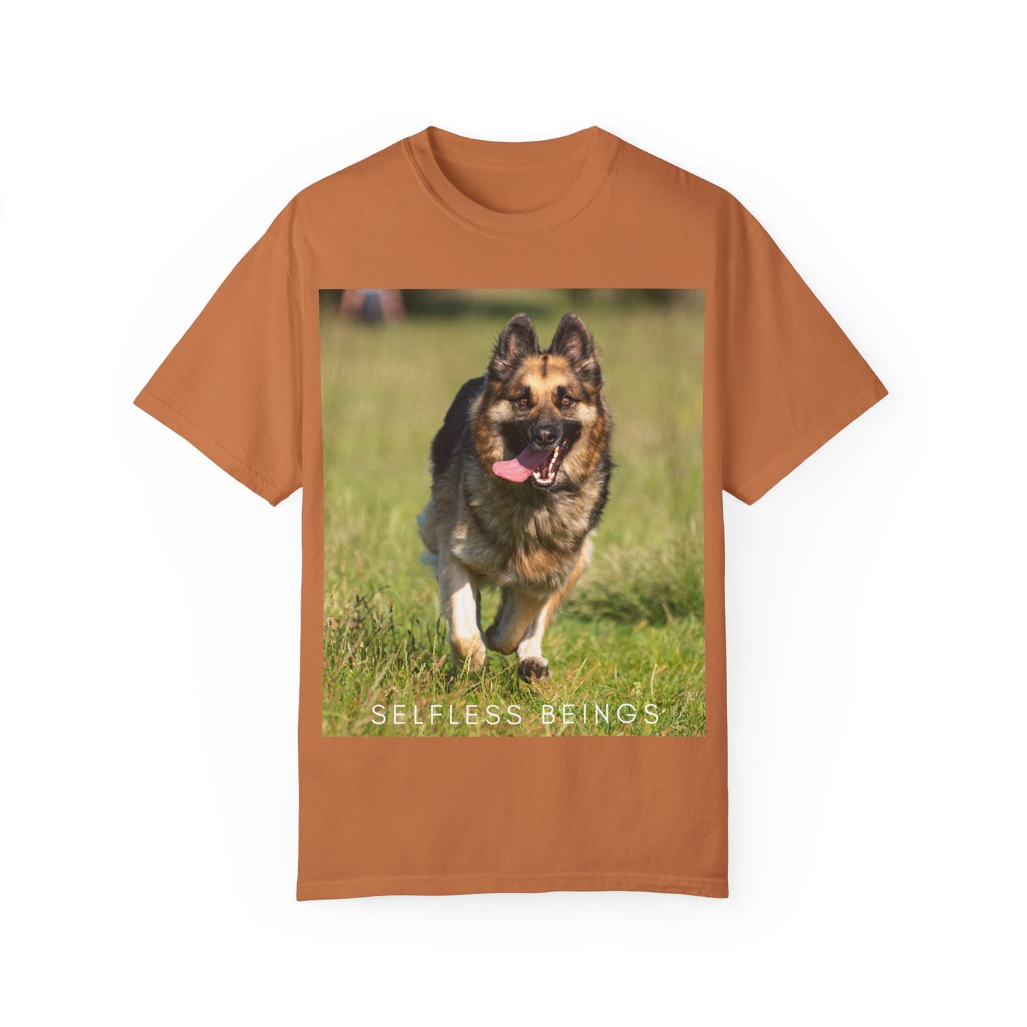 Unisex Dog Lover T-Shirt With Beautiful German Shepherd Running on the Field Leaving Tongue Out and Caption Selfless Beings
