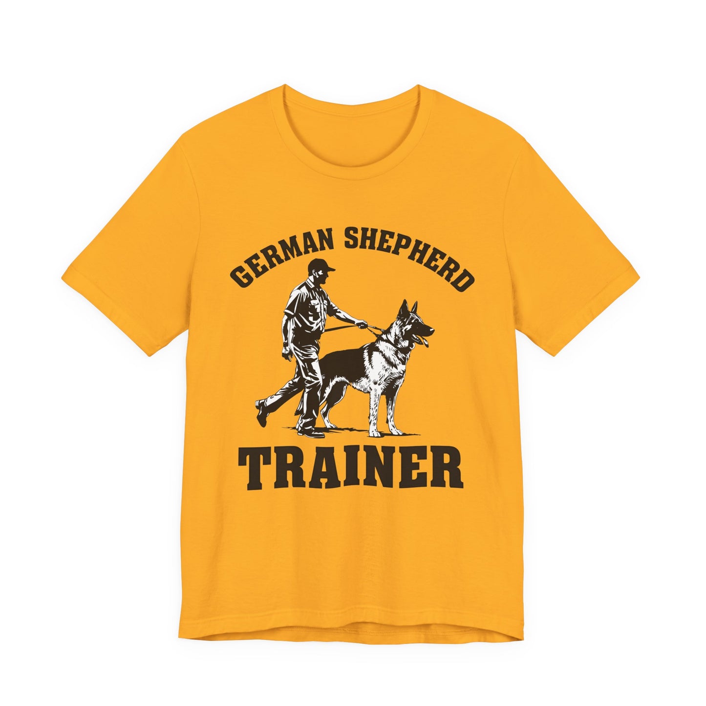 German Shepherd Trainer Tee - Black and White Design of Man Holding a German Shepherd
