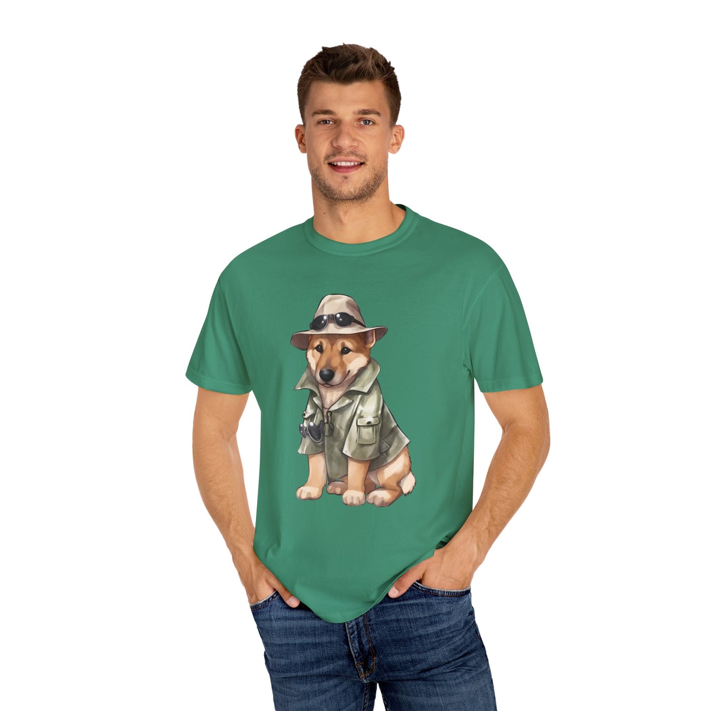 Unisex Dog Lover T-Shirt With a Graphic of German Shepherd Wearing Detector's Hat and Costume