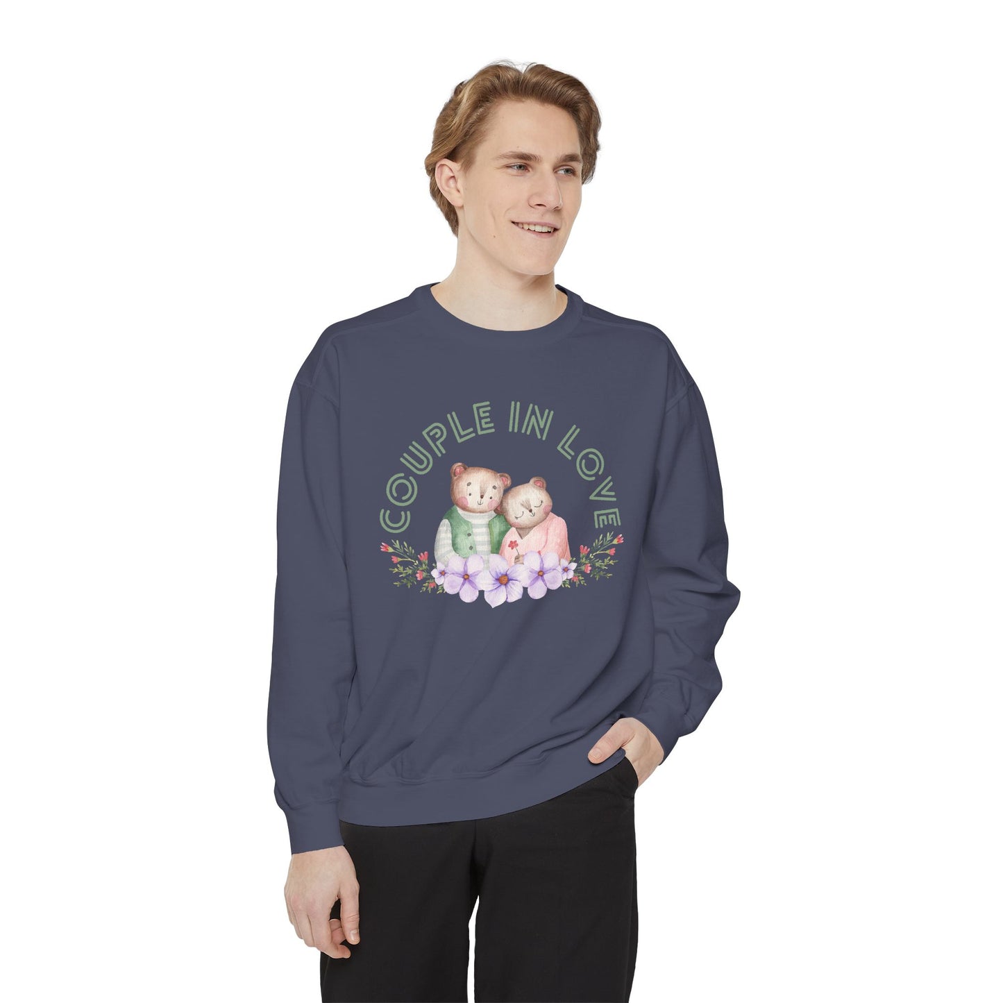 Unisex Valentine's Day Sweatshirt With Two Teddy Bears On Flowers and Caption Couple In Love