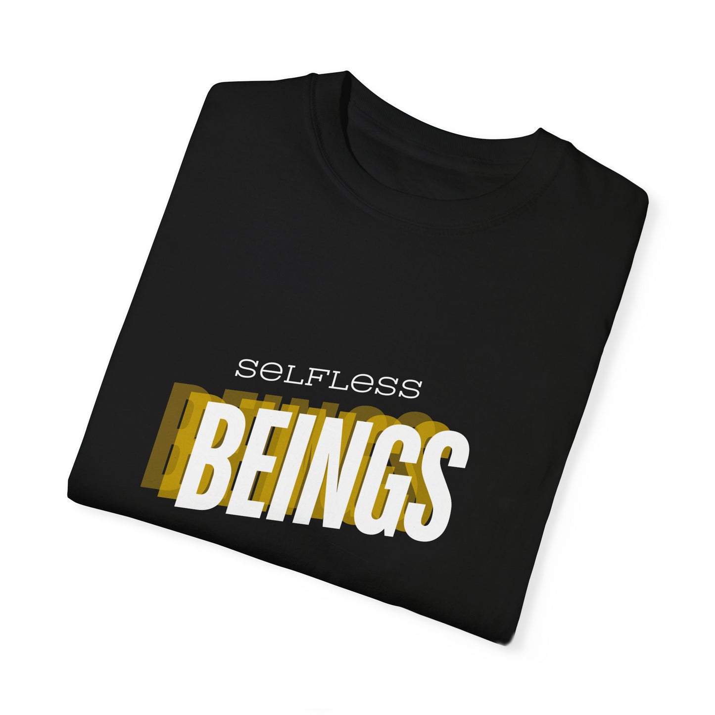 Unisex Dog Lover T-Shirt With Text "Selfless Beings" Designed Using Dark Yellow, Light Yellow and White Colors