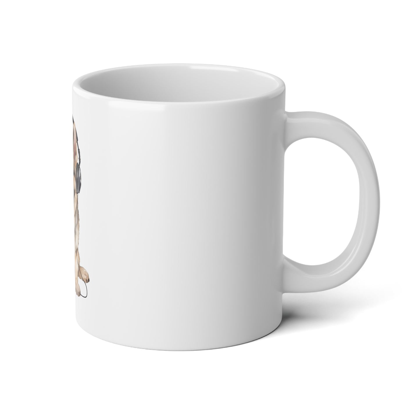 White Jumbo Dog Lover Mug -20oz with a Graphic of German Shepherd Wearing Headphones