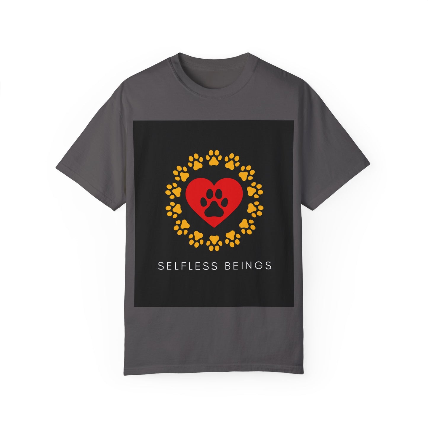 Unisex Dog Lover T-Shirt With Graphic of Yellow Paw Prints In Circle Contain Red Heart Which Contains Black Dog Paw Print Inside and Caption Selfless Beings