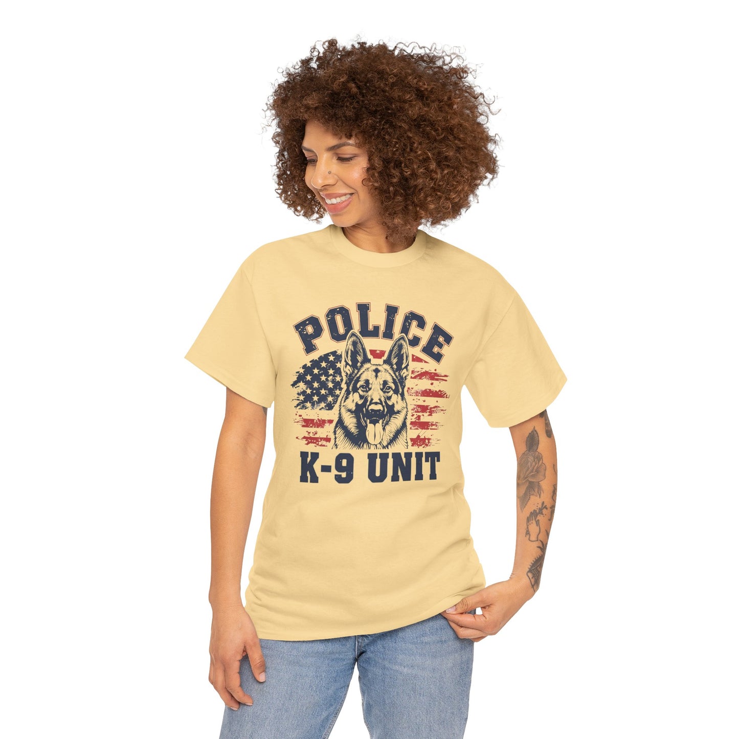 Patriotic Police K-9 Unit T-Shirt With American Flag in Background, Unisex Heavy Cotton Tee