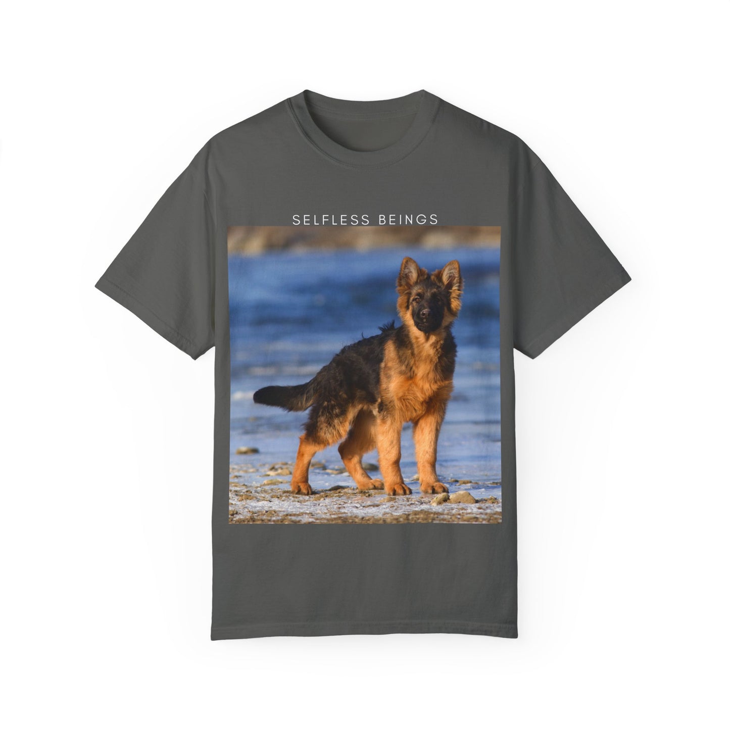 Unisex Dog Lover T-Shirt With German Shepherd Puppy Standing at the Sea Shore and Caption Selfless Beings