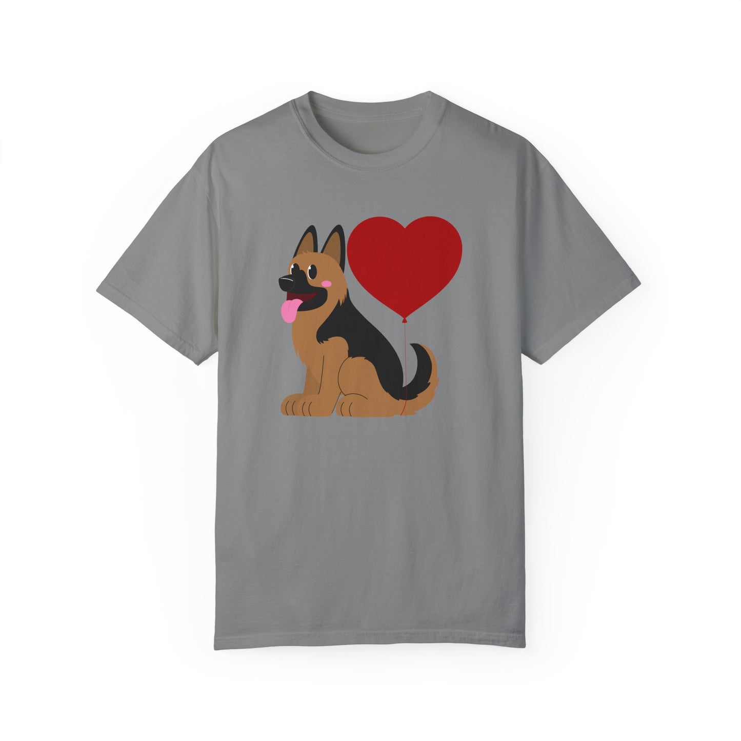 Unisex Dog Lover T-Shirt With a Graphic of German Shepherd Puppy and Heart Shaped Balloon Attached With Tail