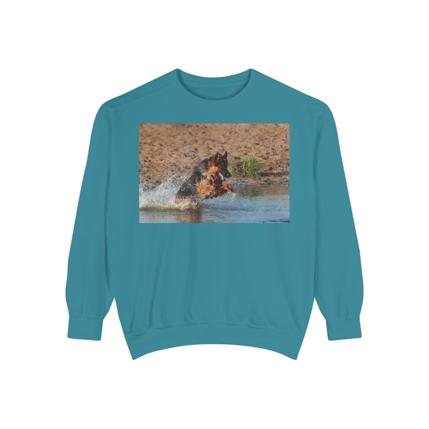 Unisex Dog Lover Sweatshirt With a Long Coat German Shepherd Jumps in the River