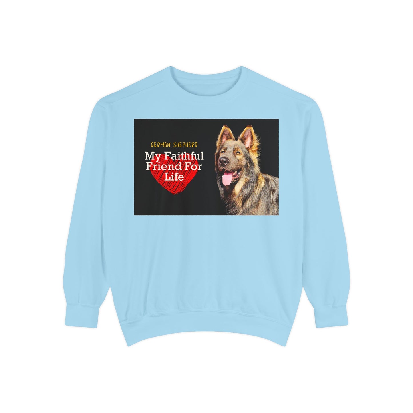 Unisex Dog Lover Sweatshirt With a Giant Old-Fashioned German Shepherd and Caption Faithful Friend on Top of Red Heart